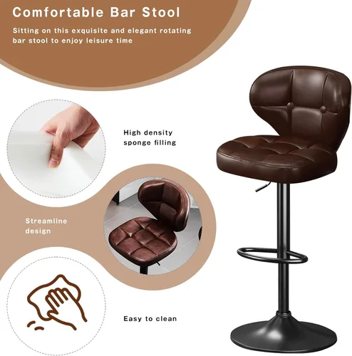 Vista 3 de Juego de 2 taburetes de bar, taburetes de bar giratorios ajustables, moderna silla de bar tapizada de piel sintética con respaldo y reposapiés