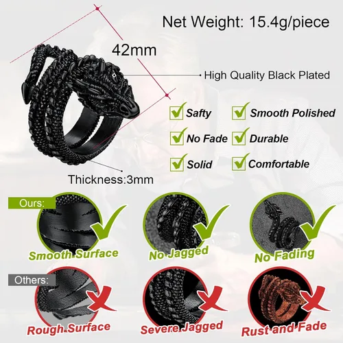 Vista 4 de FaithHeart Anillos de dragón punk para hombres y mujeres, acero inoxidable, chapado en oro de 18 quilates, joyería de mitología nórdica con delicado