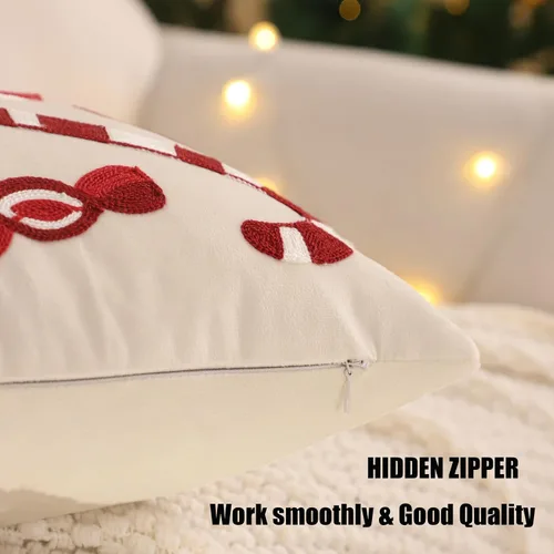 Vista 4 de Funda para almohadón navideño 18 x 18 pulgadas, juego de 2, funda de almohada de terciopelo beige con bastón de caramelo, funda para almohadón