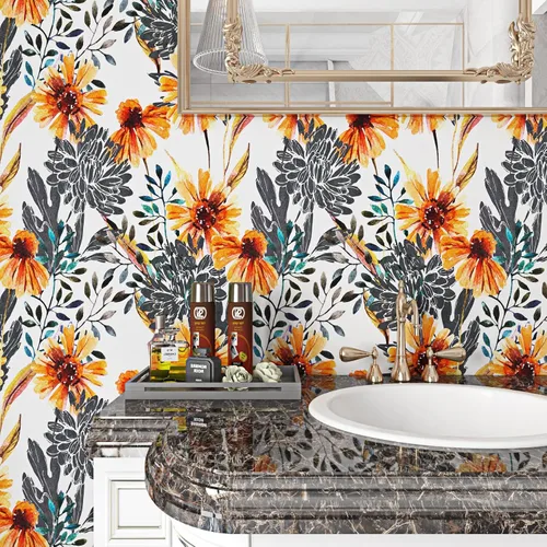 Vista 2 de ReWallpaper Papel tapiz floral vintage para pegar y despegar con girasoles amarillos, papel de contacto floral para paredes, armarios, estantes