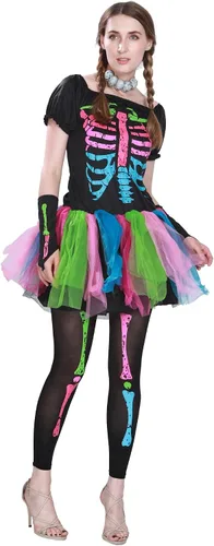 Vista 3 de EraSpooky Disfraz de huesos punk funky para mujer, vestido de tutú colorido de esqueleto