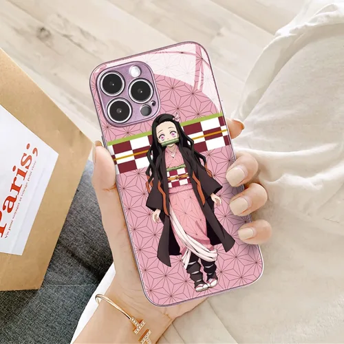 Vista 4 de Nezuko Kamado Anime Rosa Funda de Teléfono - Concha Protectora de Vidrio Templado con Patrón de Personajes de Manga para iPhone 11 Pro