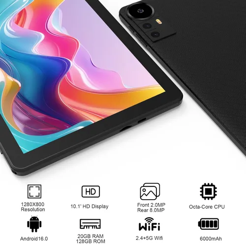 Vista 4 de CUPEISI Tablet Android 16 de 10 pulgadas, 20 GB de RAM+128 GB de ROM/2 TB expandible, procesador octa-core de 2.0 GHz, pantalla HD de 1280 x 800
