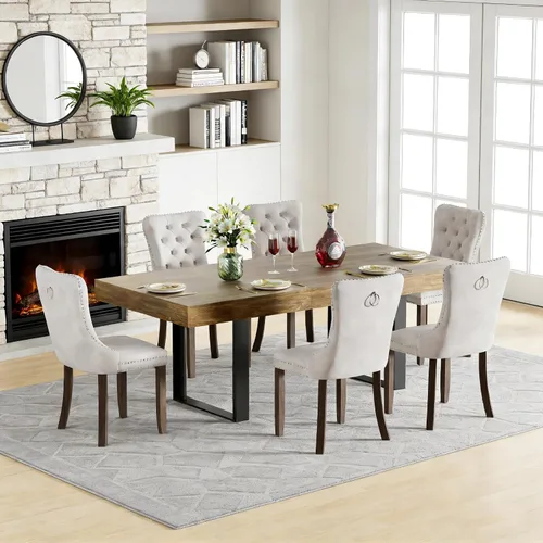 Vista 34 de Juego de mesa de comedor extensible de 5 piezas para 4, mesa de cocina de madera marrón de 63-78.7 pulgadas con 4 sillas acolchadas beige, juego