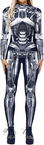 Vista 16 de Enterizo de mujer con estampado de esqueleto de robot mecánico 3D para Halloween, disfraz de cosplay