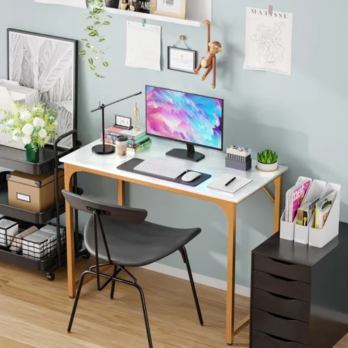 Vista 33 de PayLessHere Escritorio para computadora de 32 pulgadas Negro Escritorio de oficina con marco de metal, pies ajustables Superficie resistente