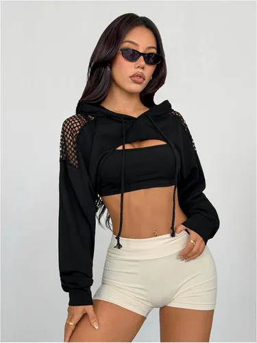Vista 6 de SweatyRocks - Sudadera de manga larga, informal, corta, con diseño de abertura frontal, para mujer Negro sólido