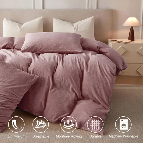 Vista 2 de BFS HOME Funda de edredón de lino tamaño King, mezcla de lino de algodón suave y transpirable, juego de ropa de cama de 3 piezas con 2 fundas