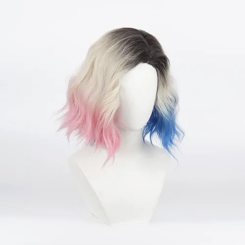 Vista 6 de Enid Sinclair Pelucas onduladas mujeres rosa y azul negro superior rizado corto partido Cosplay pelucas sintéticas niñas peinado vestido pelo