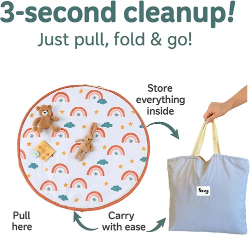 Vista 2 de Alfombra de juego para bebés y bolsa de almacenamiento de juguetes – Alfombra plegable 2 en 1 y organizador para bebés y niños pequeños – Suave,