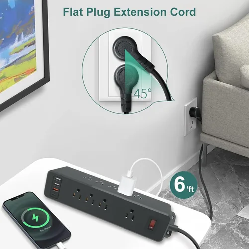 Vista 5 de Regleta de alimentación de montaje en pared de 9 salidas con USB C HdcTek Extensor de salida de doble cara, puertos USB-A de carga rápida y 1 puerto