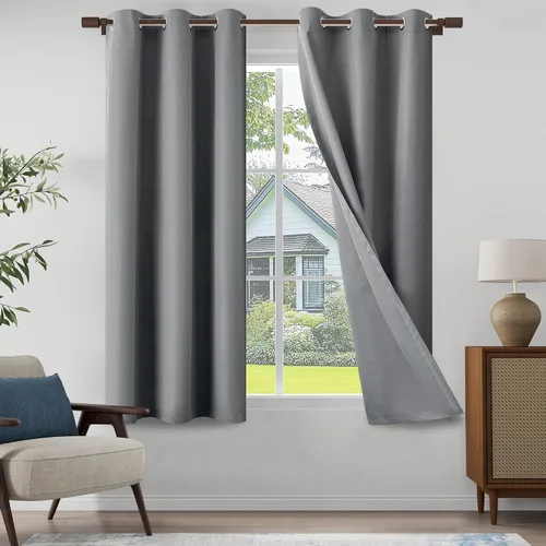 Vista 23 de Cortinas texturizadas de lino 100% opacas de 64 pulgadas de largo, juego de 2 paneles para granja, casa de campo, cortinas ligeras con ojales