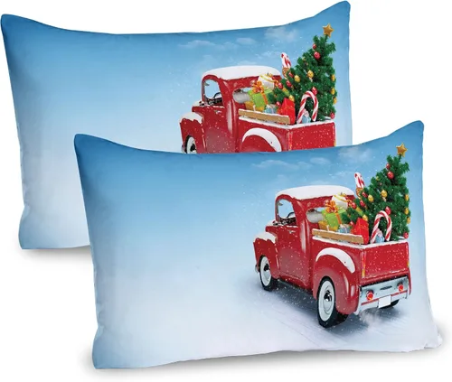 Vista 32 de Ambesonne Juego de 2 fundas de almohada navideñas, diseño de estrellas de Navidad y copos de nieve, letras retro, ropa de cama de microfibra