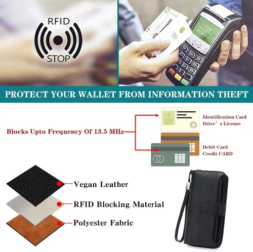 Vista 4 de GOIACII Cartera para mujer de gran capacidad con bloqueo RFID para mujer, tarjetero de embrague para teléfono, cartera larga de viaje, A03 negro