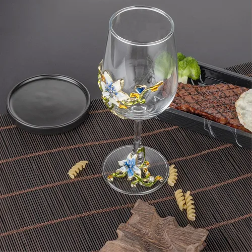 Vista 2 de Simcat Copa de Vino Pintada a Mano de Esmalte Floral Transparente Refinada, Pie para Cabernet, Regalos (Caja de regalo doble azul, 2 Cajas de regalo)