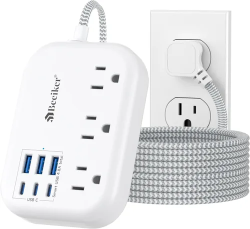 Vista 12 de Beeiker Cable de Extensión Corto de 1 Pie - Tira de Alimentación de 6 USB (3 USB C) para Viajes con Estación de Carga USB de 24W y 3 Tomas, Cable