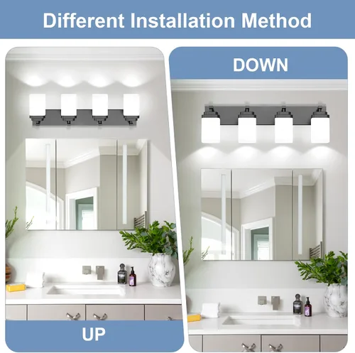 Vista 5 de Lámparas de baño de oro cepillado, 4 luces de baño sobre el espejo, diseño cuadrado y placa trasera grande rectangular, accesorios de iluminación