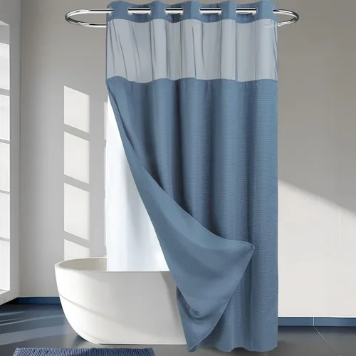 Vista 18 de Cortina de baño River Dream de gran peso sin ganchos necesarios con diseño de gofre punteado y forro a presión - 36W x 74H, de calidad hotelera