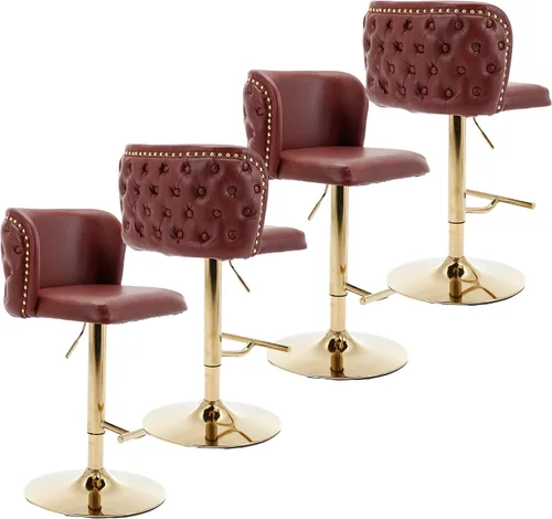 Vista 13 de Taburetes de bar tapizados de poliuretano con base dorada, taburetes de bar ajustables de 25-33 pulgadas, taburetes de mostrador con respaldo Beige