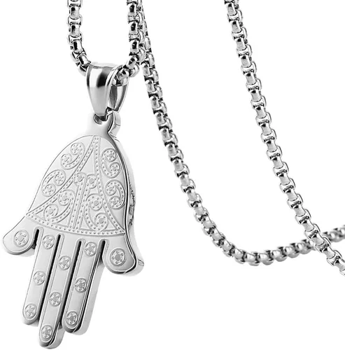 Vista 2 de HZMAN Khamsah Collar con colgante de mano de Fátima Hamsa de acero inoxidable con ojo egipcio, éxito y protección Lucky