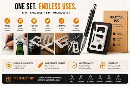 Vista 4 de Regalos para hombres: bolígrafo multiherramienta 6 en 1 y juego de herramientas para tarjetas 11 en 1, accesorios geniales para hombres, regalos