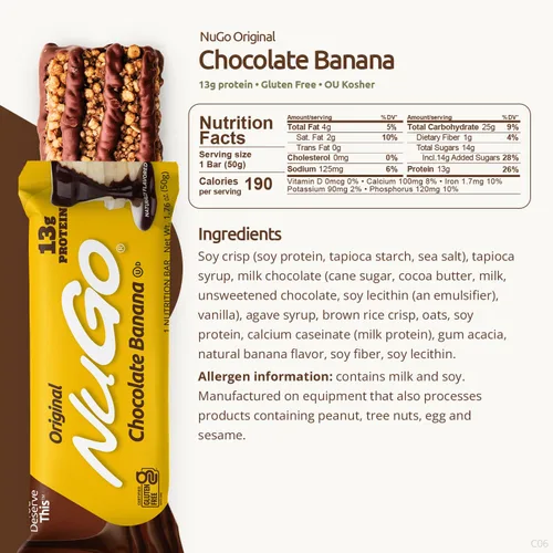 Vista 2 de NuGo Original, Chocolate Banana, Barra de Proteínas de 0.46 oz, Sin Gluten, 15 Ct