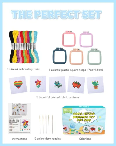 Vista 2 de Pllieay 5 kits de punto de cruz para principiantes para niños de 7 a 13 años, incluye 5 proyectos estampados y 5 aros de bordado cuadrados, 11
