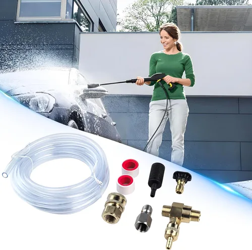 Vista 2 de Kit de inyector químico, inyector aguas abajo con manguera de sifón de 10 pies de conexión rápida de 3/8 pulgadas, inyector de jabón ajustable
