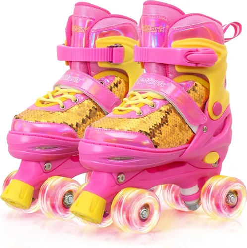 Vista 8 de Nattork Patines de ruedas para niños y niñas, 4 tamaños ajustables, patines cuádruples con lentejuelas y todas las ruedas iluminadas para niños