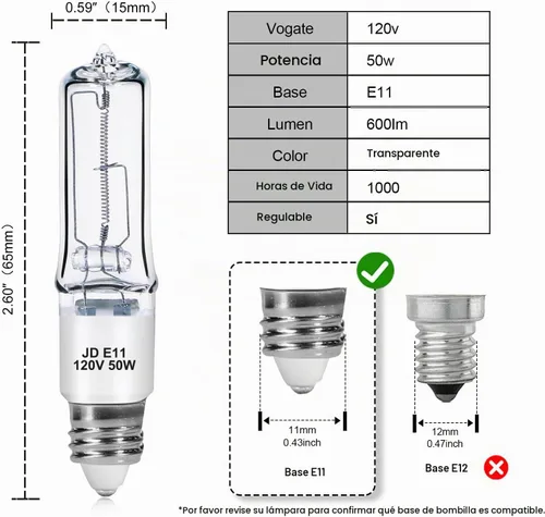 Vista 2 de Paquete de 4 bombillas halógenas JDE11 de 120 V 50 W, bombilla E11 con base de candelabro T4, 600 lúmenes, 2700 K, blanco cálido, regulable