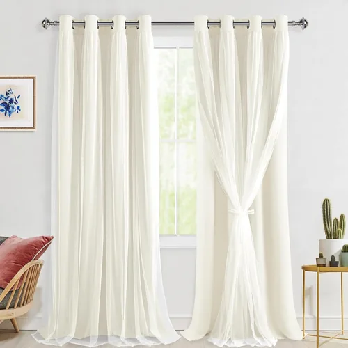 Vista 39 de Hiasan Cortinas opacas con superposición transparente, aislamiento térmico para mezclar y combinar de doble capa, cortinas de oscurecimiento de Beige