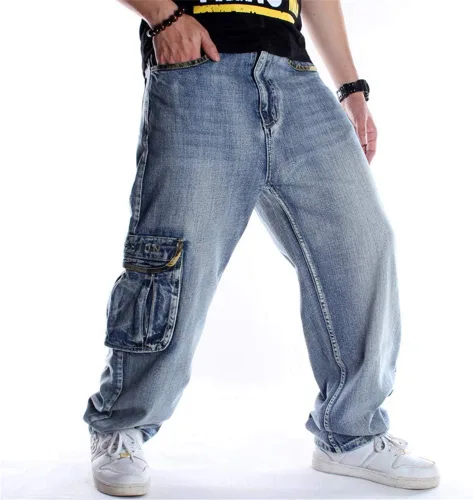 Vista 3 de LUOBANIU Pantalones de mezclilla holgados para hombre, pantalones de hip hop, ajuste holgado, estilo vintage de los años 90, pantalones cargo