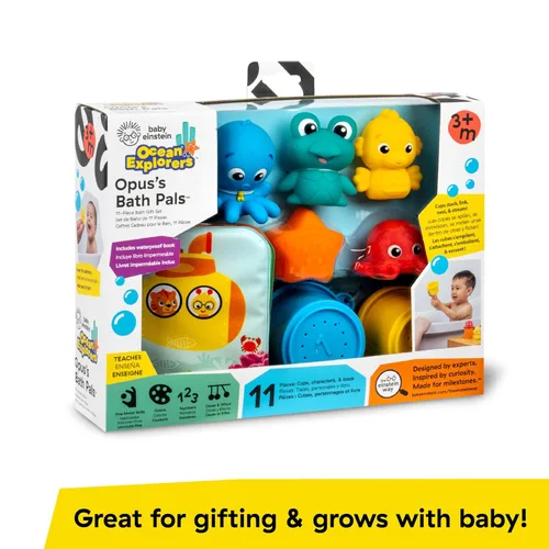 Vista 9 de Baby Einstein Ocean Explorers Opus Bath Pals - Juego de regalo de 11 piezas, libro de baño impermeable, tazas de baño, juguetes de baño
