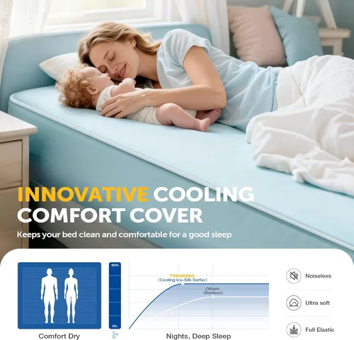 Vista 5 de Tokokimo Protector de colchón 100% impermeable, funda de colchón refrescante, sábana bajera ajustable de bolsillo profundo con banda de goma elástica