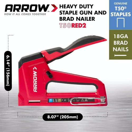 Vista 4 de Arrow T50RED2 - Pistola de grapas manual 2 en 1 y clavadora de clavos para tapicería, marco, aislamiento, manualidades y muebles, rojo
