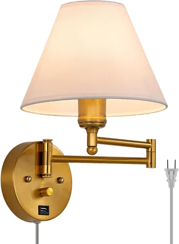 Vista 12 de Apliques de pared con brazo oscilante, lámpara de pared enchufable, lámpara de pared para dormitorio, pantalla de tela blanca, con interruptor Níquel