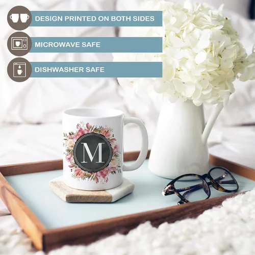 Vista 2 de Taza de café de cerámica con monograma floral con inicial personalizada, 11 oz o 15 oz