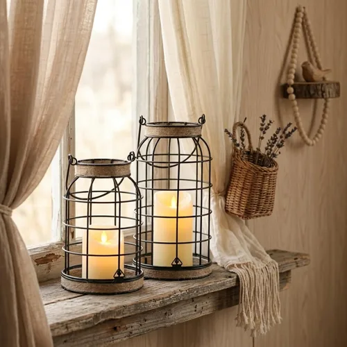 Vista 4 de Farol de vela rústico de granja, 2 faroles decorativos con velas