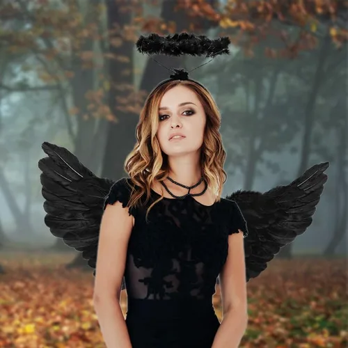 Vista 7 de Disfraz de alas de ángel y halo para adultos, alas de ángel de plumas para mujeres, niños y niñas, disfraz de fiesta temática de Halloween