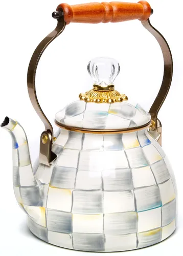 Vista 8 de MACKENZIE-CHILDS Tetera esmaltada, elegante tetera para estufa, cuadros cortesanos en blanco y negro, 3 cuartos de galón color fantasía