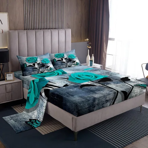 Vista 22 de Erosebridal Juego de sábanas turquesa tamaño individual para niñas y mujeres, juego de sábanas color verde azulado y gris degradado para adultos