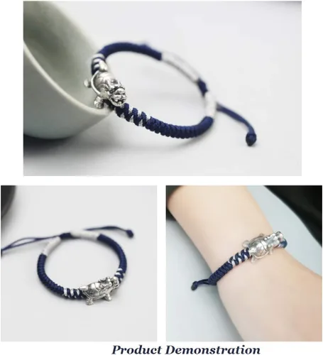 Vista 4 de LOTONTJ Feng Shui Pulsera de Riqueza de Dragón Tortuga Tibetana 999 Pulsera de Plata Pura Azul Marino Chino Estilo Antiguo Auspicious Lucky Charm