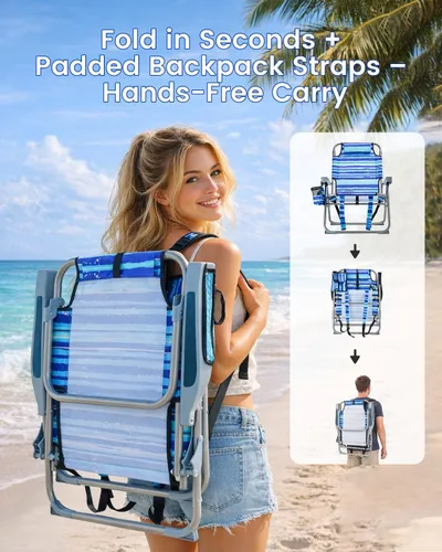Vista 5 de GVDV Sillas de playa tipo mochila para adultos, silla plegable plana portátil con portavasos y toalleros, silla reclinable ajustable de 4 posiciones