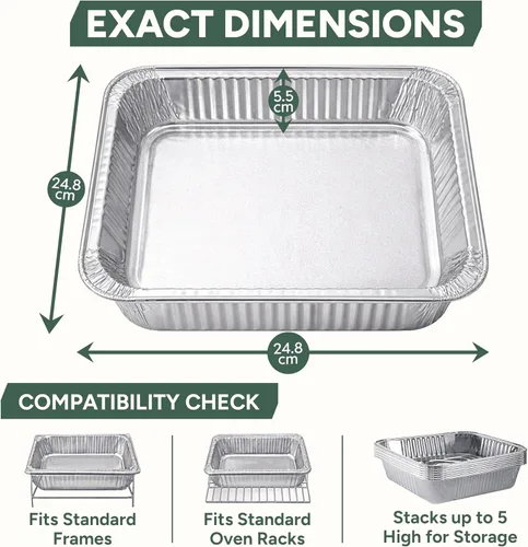 Vista 6 de Zuvo Contenedores grandes desechables de papel de aluminio con tapas de papel 25x25x4 cm, recipientes para llevar, buenos para hornear, asar