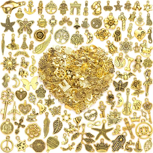 Vista 9 de 500 PCS Dijes para Fabricación de Joyas, Surtidos de Oro, Plata y Esmalte Dijes Lindos para Pulseras DIY, Collares, Aretes, Llaveros y Proyectos