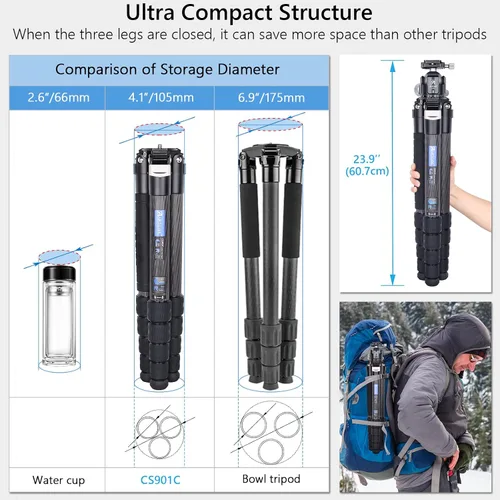 Vista 3 de Trípode profesional de fibra de carbono resistente CS901C con bola de 2.047 in, cabeza de trípode de perfil bajo, monopie desmontable, compacto