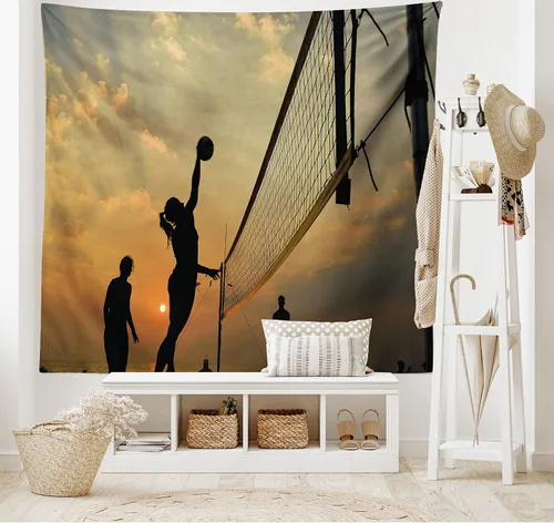 Vista 2 de Lunarable Tapiz de voleibol, deportes de playa al atardecer, red de cielo abierto y actividades de pelota, diversión y juegos, decoración de tela