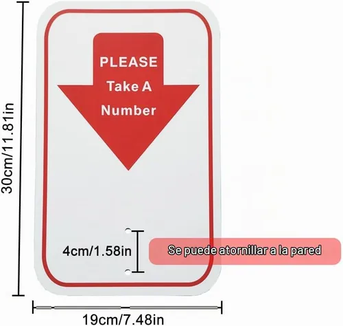 Vista 2 de Take-a-Number - Cartel dispensador de boletos con texto en inglés "Take A Number", color rojo y blanco