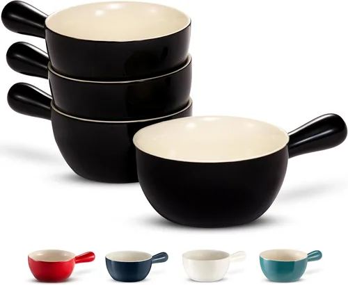 Vista 9 de Kook Cuencos de sopa de cebolla francesa, cuencos de cerámica apilables con asas, aptos para horno, microondas y lavavajillas, para cereales, sopas