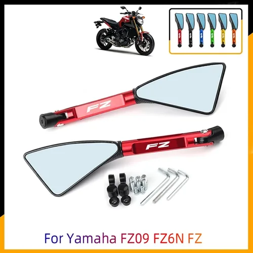 Vista 2 de Espejo retrovisor triangular para motocicleta, espejo retrovisor lateral de aluminio CNC, lente antirreflejos, con logotipo para espejos Yamaha FZ09
